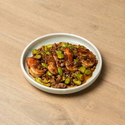 ผัดสะตอกะปิกุ้งสดหมูสับ