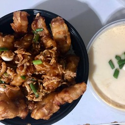 หมูสามชั้นทอดราดซอสมะขามราดข้าว+ไข่ตุ๋น