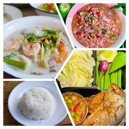 ข้าวน้ำชุปหยำกุ้งสด ต้มกะทิผักรวมกุ้งสด  ปลาทู 1ตัว ผักสด