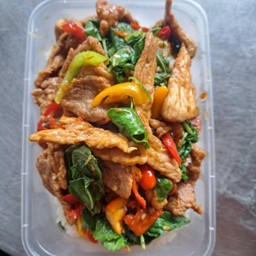 Stir Fried Holy Basil With Sliced Pork On Rice