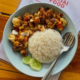 Roasted Crispy Pork Belly With Salted Egg On Rice
