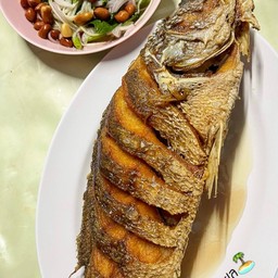 ปลากะพงทอดน้ำปลา + น้ำยำมะม่วง (สรพงษ์ลงทะเล)