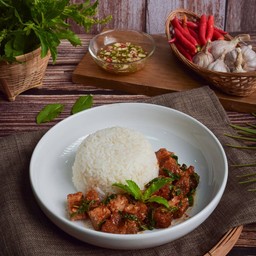 [อร่อยซ่ากับโค้ก] กะเพราหมูกรอบ +  โค้ก ไม่มีน้ำตาล (กระป๋อง)