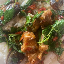 กะเพราหมูกรอบไข่เยี่ยวม้า