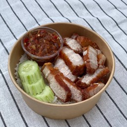 ข้าวหมูสามชั้นทอดน้ำปลา 100g.+น้ำพริกแจ่วปลาร้า 50g.