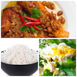 ข้าวปลากะพงผัดเต้าเจี้ยว  แกงเลียงผักใส่ไข่