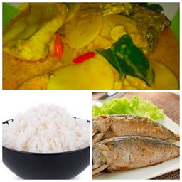 ข้าวแกงกะทิปลากะพงหน่อไม้ดอง  ปลาทูทอด1ตัว