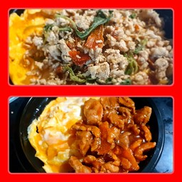 [เซตสุดฮิต] ข้าวกะเพราหมูพริกแห้ง ไข่ข้น + ข้าวหมูผัดซอสทงคึทสึ ไข่ข้น