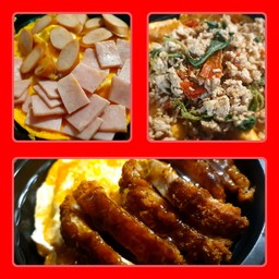 [เซตสุดฮิต] ข้าวไข่ข้น แฮม+ไส้กรอก + ข้าวไข่ข้น ไก่ทอดซอสทงคัทสี + ข้าวกะเพราหมูพริกแห้ง ไข่ข้น