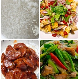 ข้าวต้ม 2 + ผัดคะน้าปลาเค็ม+ยำไข่ดาว+กุนเชียงทอด