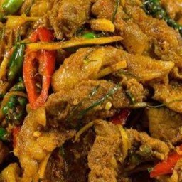 ผัดเผ็ดพริกแกงใต้ (โปรดเลือกเนื้อสัตว์) ข้าวสวยหอมมะลิ ฟรีน้ำซุป พร้อมถ้วยชานอ้อยและชุดช้อนพลาสติก