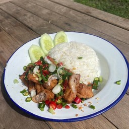 ข้าวหมูสามชั้นทอดคั่วพริกเกลือ