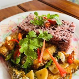 ข้าวปลากระพงผัดพริกขี้หนูสวน