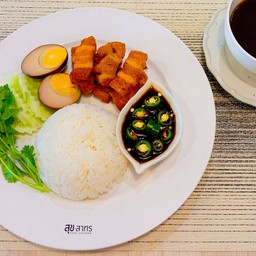 ข้าวหมูกรอบจำแลง ไข่สมุนไพร Rice with fried plant-based meat in gravy sauce and stewed egg