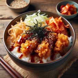 ฟรีกิมจิ! ข้าวหน้าไก่กรอบ ราดซอสเกาหลี Free Kimchi! Crispy Chicken Fried with Korean Sauce with Rice