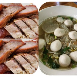 ข้าวหมูแดงใส่ทุกอย่าง2ห่อ เกาเหลาลูกชิ้นหมู1