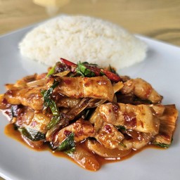 ข้าว หมูสามชั้นผัดพริกเผา