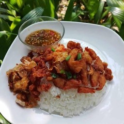 ข้าวหมูทอด แป้งกรอบ กระเทียมทอด