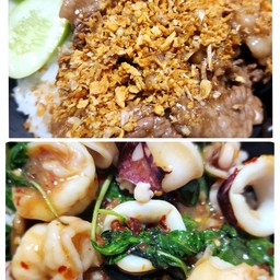 2x คู่หูความอร่อย กระเทียมเนื้อวัว+กะเพราทะเล ราดข้าวหอมมะลิ