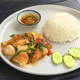 กระเพราไก่กรอบ ราดข้าว