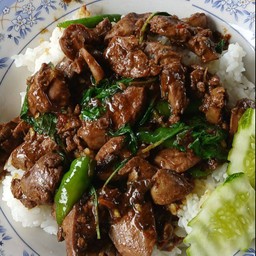 กระเพราเครื่องในไก่ราดข้าว