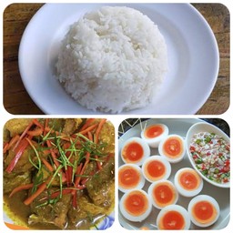ข้าว+ผัดเผ็ดปลากระพง+ไข่ต้ม