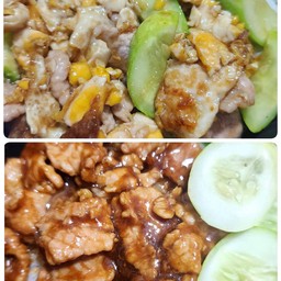 2x คู่หูความอร่อย ผัดแตงกวาหมูชิ้นใส่ไข่ + หมูผัดซีอิ๊วหวาน ราดข้าวหอมมะลินุ่มๆ
