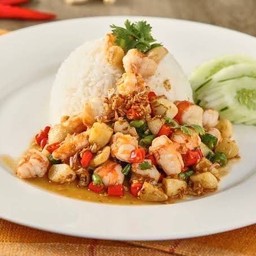 -กุ้งผัดพริกขี้หนูสวน(ราดข้าว)