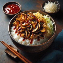 ฟรีกิมจิ! ข้าวหน้าเห็ดออรินจิผัดซอสเกาหลี Free Kimchi!  Erygii Mushroom with Korean Sauce on Rice