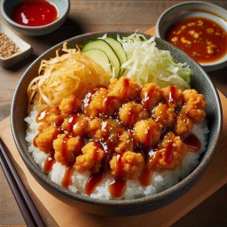 ฟรี กิมจิ! ข้าวหน้าเห็ดออริินจิกรอบ ราดซอสเกาหลี Crispy Eryngii Mushroom  with Korean Sauce on Rice