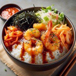 ฟรี กิมจิ! ข้าวหน้ากุ้งผัดซอสเกาหลี Stir Fried Prawns with Korean sauce on Rice