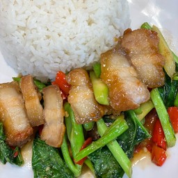 คะน้าหมูกรอบ ราดข้าว