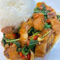 กะเพราหมูกรอบ ราดข้าว