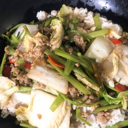 ข้าวราดผักกาดขาว+ผักบุ้งหมูสับ+ไข่ดาว