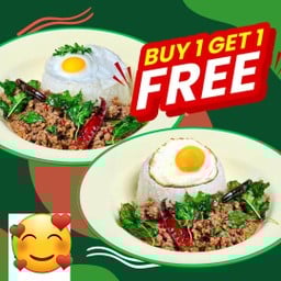 1 แถม 1 ข้าวกระเพราเนื้อโคขุนบด + ไข่ดาว