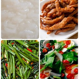 ข้าวต้ม2+หมูแดดเดียว+ผัดผักบุ้ง+ยำ2ไข่