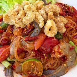 [อร่อยซ่ากับโค้ก] ตำเส้นเล็กกุ้งสดแคปหมู +  โค้ก ออริจินัล (ขวด)
