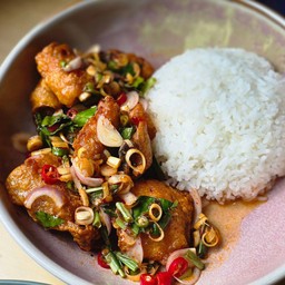 ข้าวราดปลากระพงลุยสวน