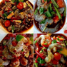 ตำกุ้งสด +ขนมจีน+แคบหมู