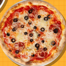 พิซซ่าหน้าสไปซี่ซาลามี่ หอมใหญ่ ชีสกอร์กอนโซลา และมะกอก