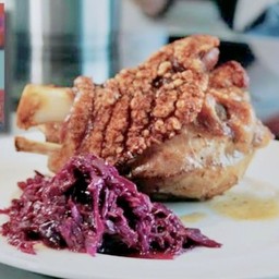 Pork Knuckle (700 g.) Served with Onion Gravy Sauce, Sauerkraut and mustard + Healthy Drink