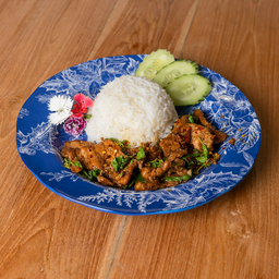 ข้าวกะเพราหมูหมักกันไป Kan Pai Spicy Fried Pork  Basil