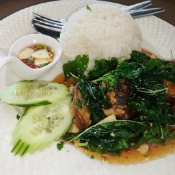 ข้าวราดไข่เยี่ยวม้ากระเพรากรอบ