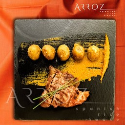 Iberian Pork Pluma with Red Mojo Sauce & Smash Baby Potatoes