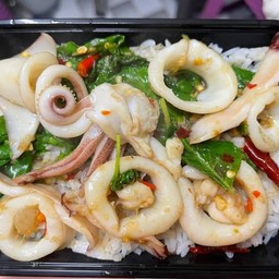 กะเพรา ปลาหมึก ราดข้าว