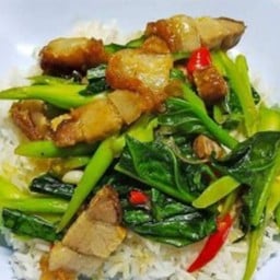 ข้าวราดผักบุ้งหมูกรอบ