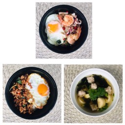 [เซตสุดฮิต] กะเพราหมูสับ + กะเพราหมึกกุ้ง + แกงจืดเต้าหู้หมูสับ