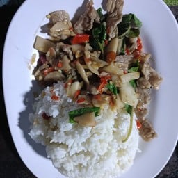 กระเพราเนื้อหน่อไม้ดองราดข้าว