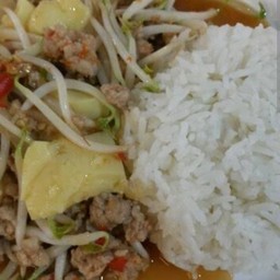 ข้าวราดผัดถั่วงอกหมูสับเต้าหู้ไข่ทอด