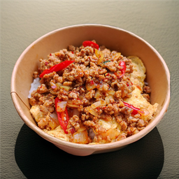 ข้าวหน้าหมูสับผัดน้ำพริกเผาไข่ข้น